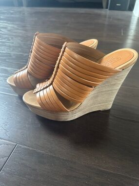 Coach Cognac Leather Strappy Wedge Mules
